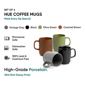 Set of 4 Hue coffee mugs in various colors with product details on a white background.