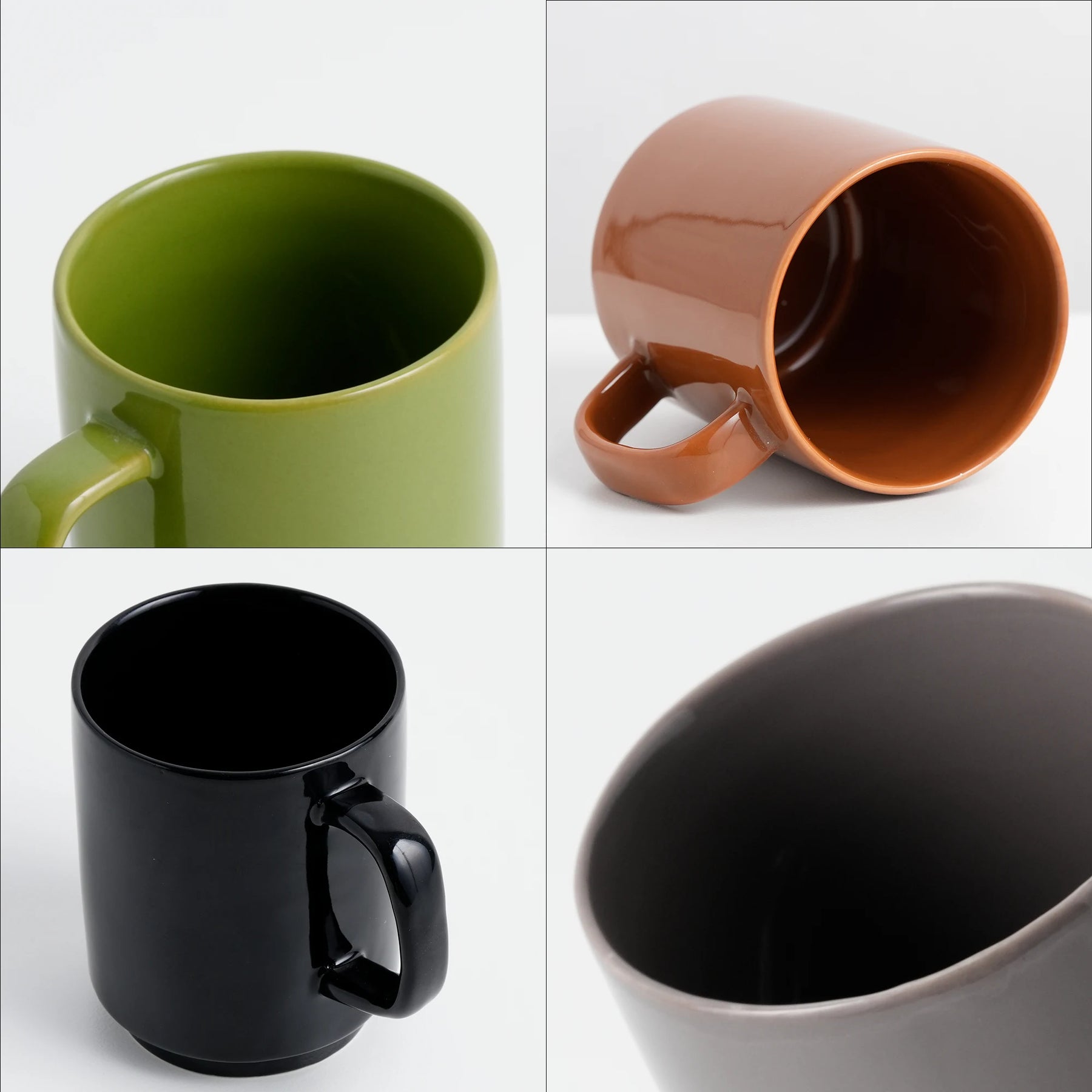 Four mugs in different colors (green, brown, black, white) on a white background.