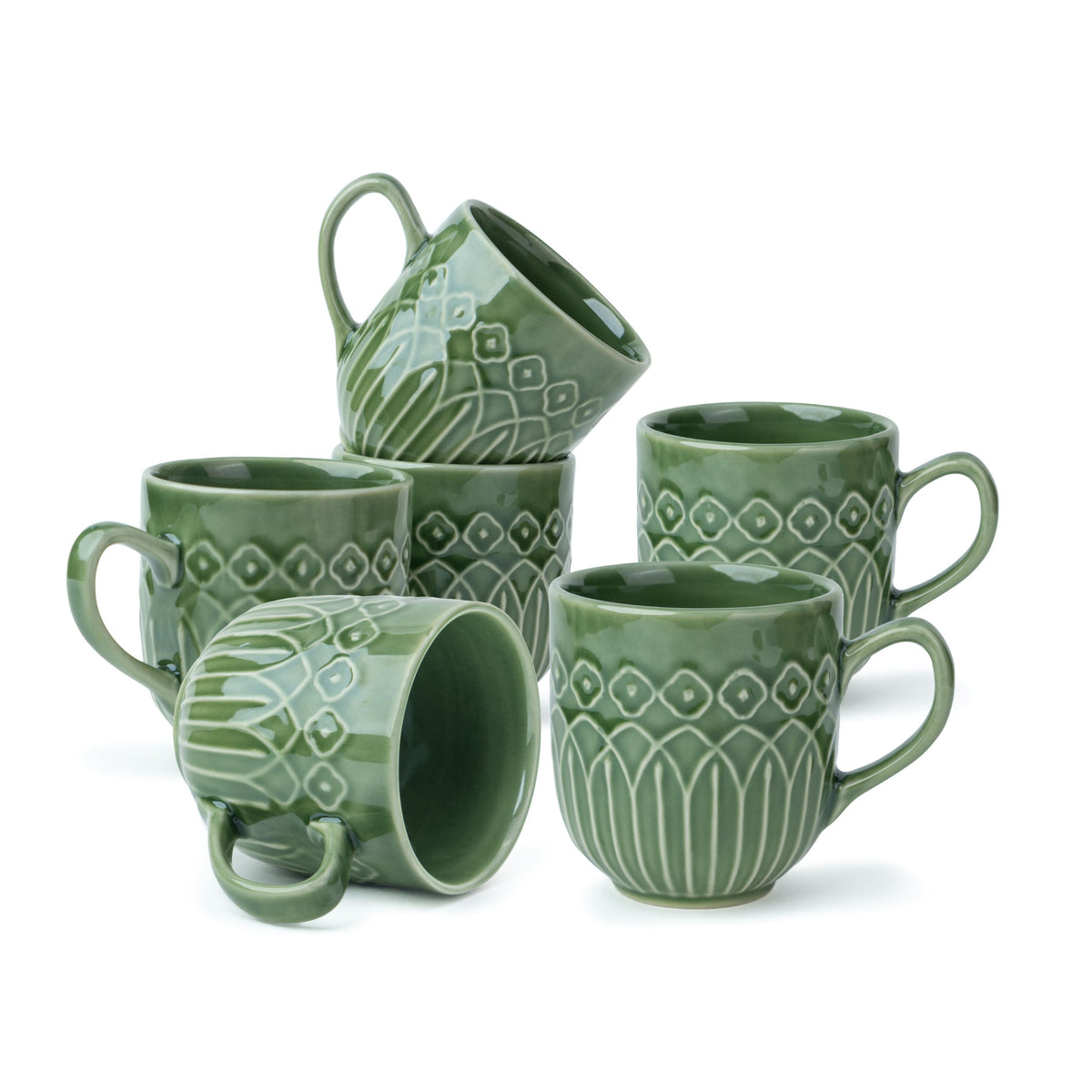 Shay Shay Ceramic Coffee Mug Set, Set of 6, 330ml, Green Carving | Carving Collection | Modern Tableware Online India