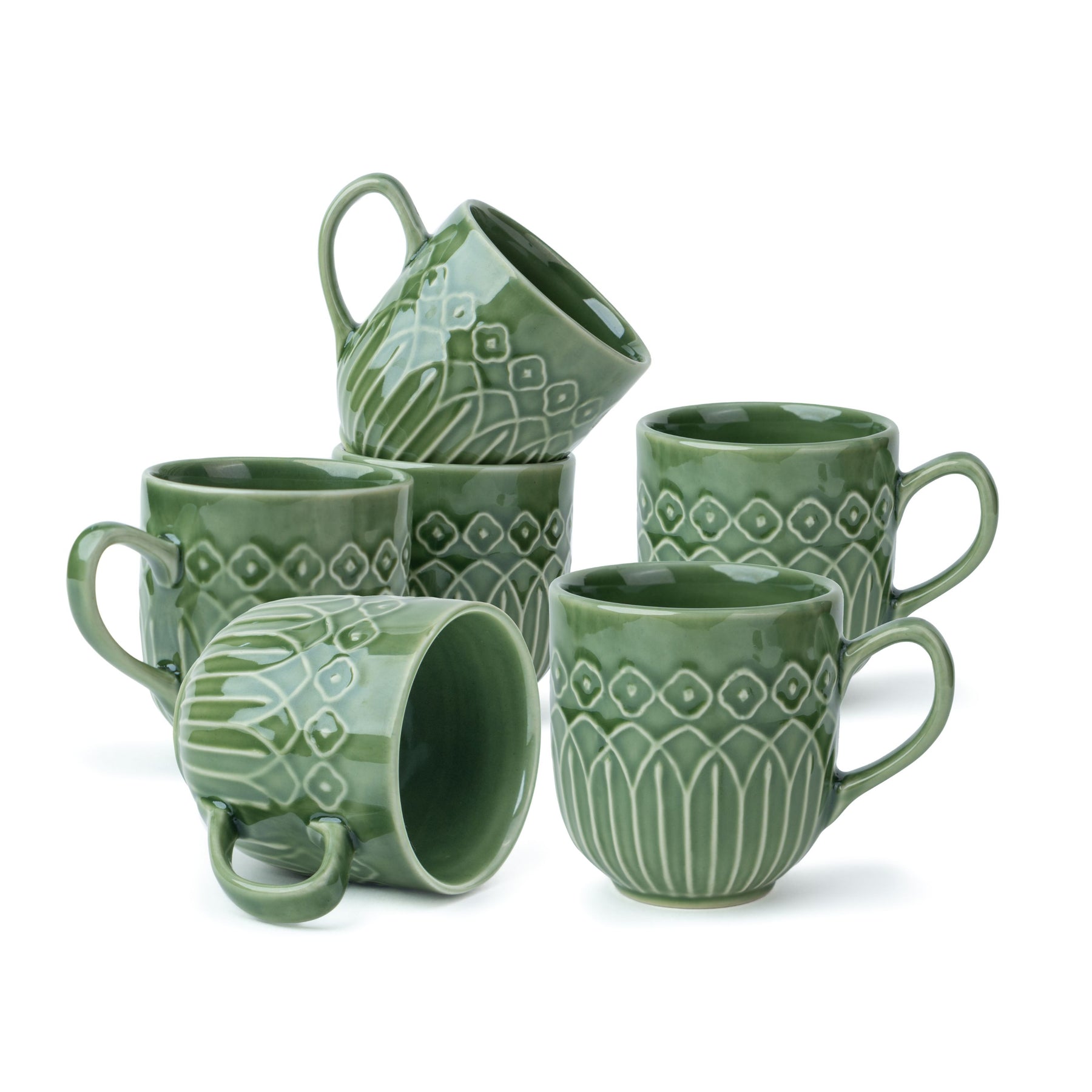 Shay Shay Ceramic Coffee Mug Set, Set of 6, 330ml, Green Carving | Carving Collection | Modern Tableware Online India