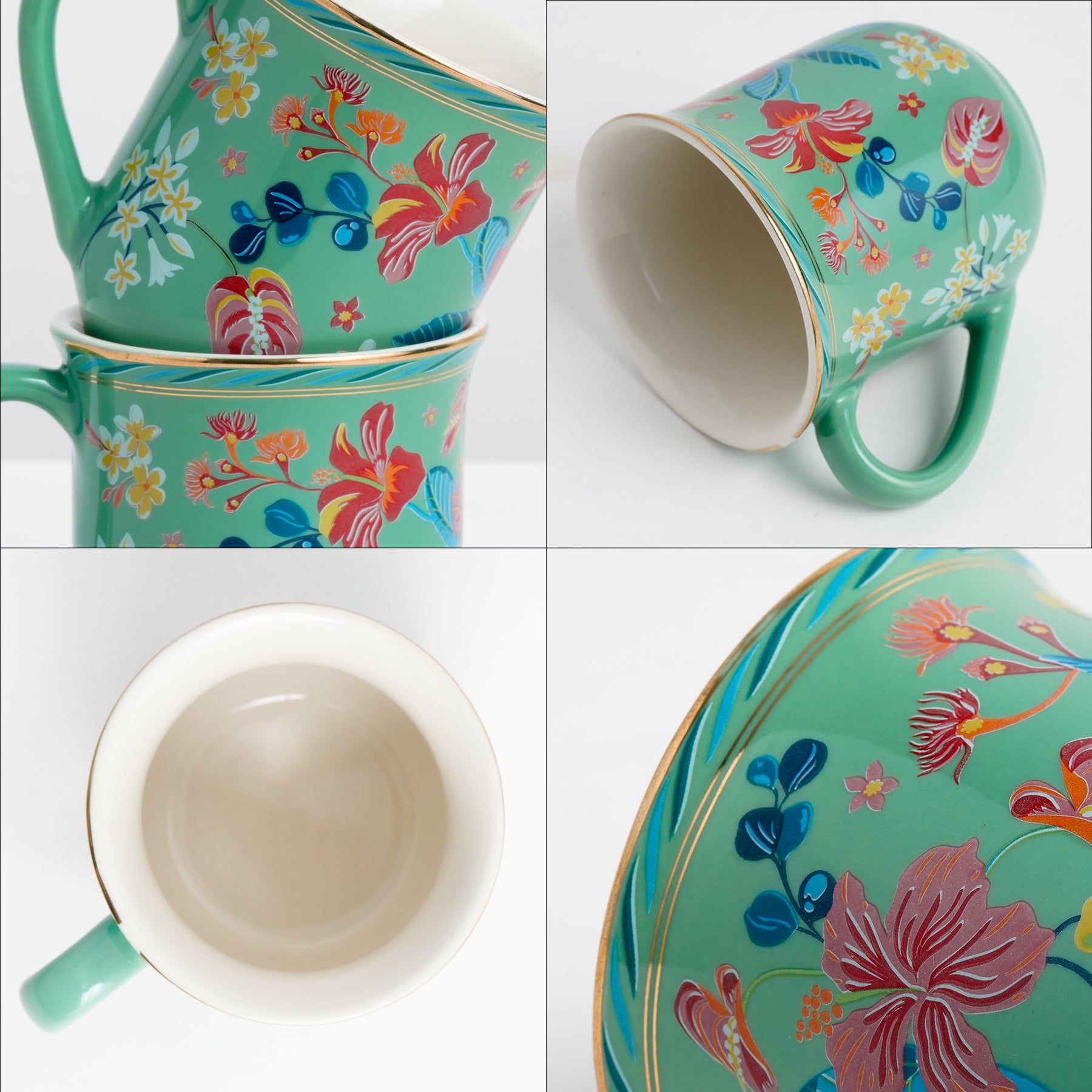 Ceramic Tea Cups Set of 6  Big Bold Floral Mint, 180ml