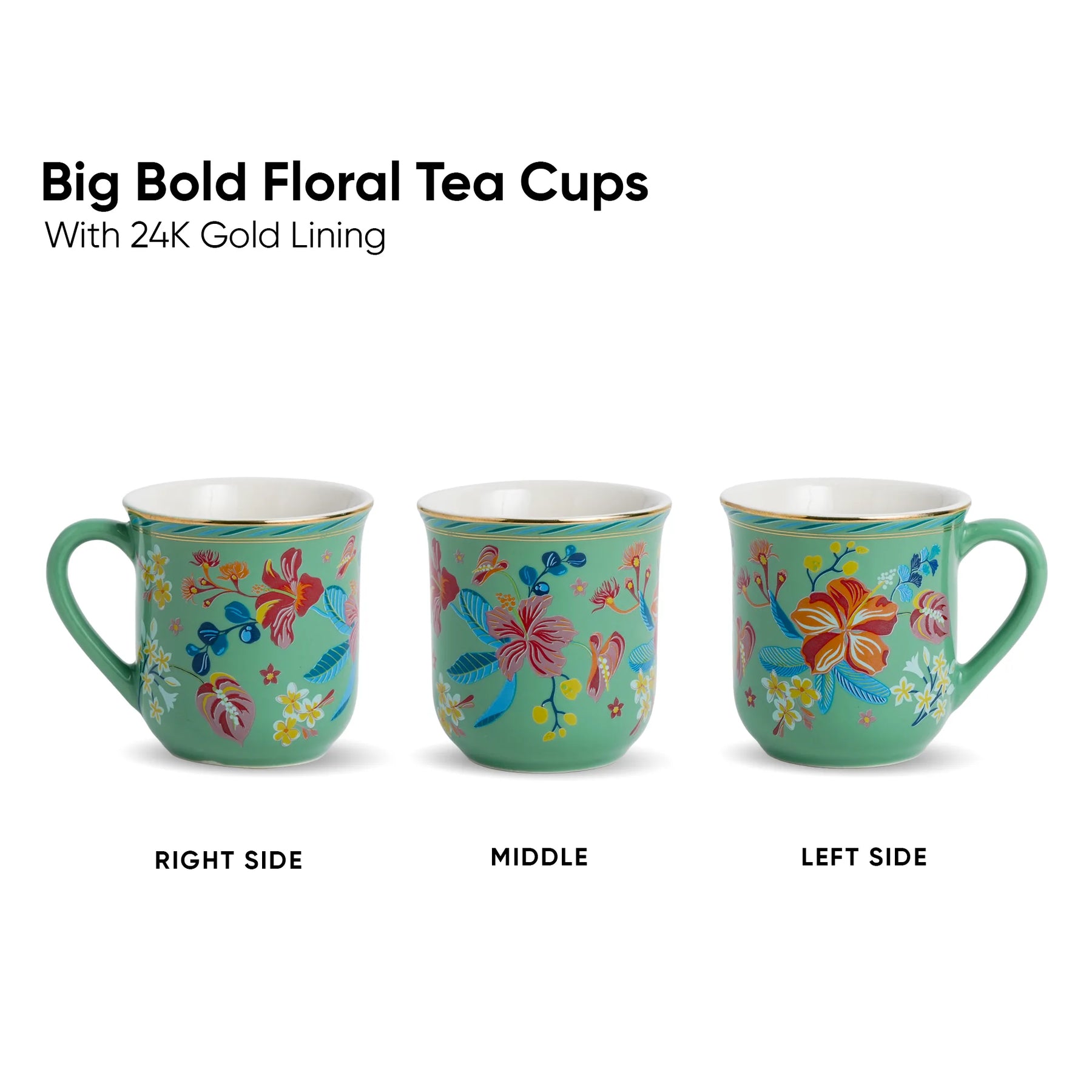 Three floral tea cups with 24K gold lining on a white background