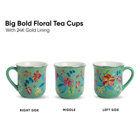 Three floral tea cups with 24K gold lining on a white background
