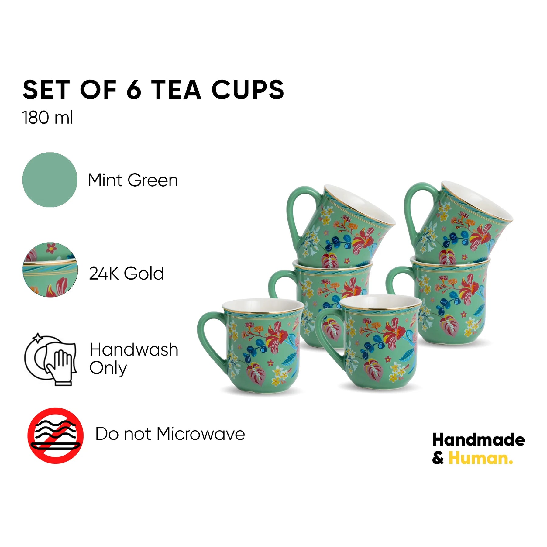 Set of 6 floral tea cups with mint green color and 24K gold accents on a white background.