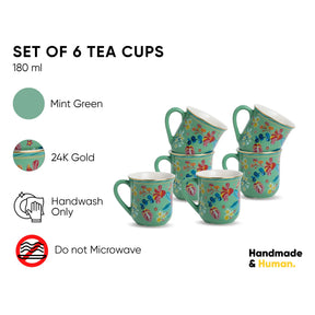 Set of 6 floral tea cups with mint green color and 24K gold accents on a white background.