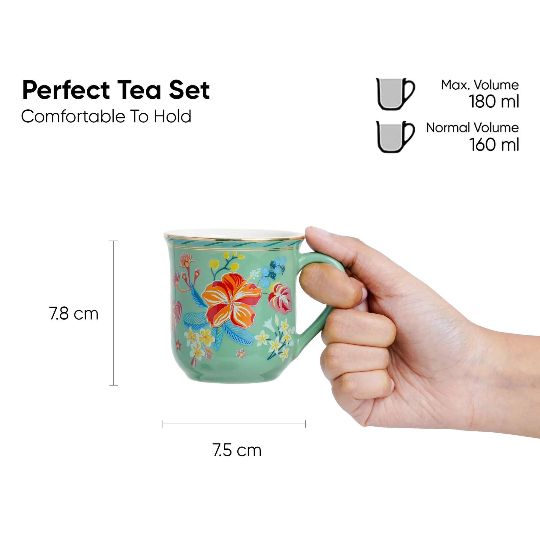 Hand holding a floral mug with measurements and volume details on a white background