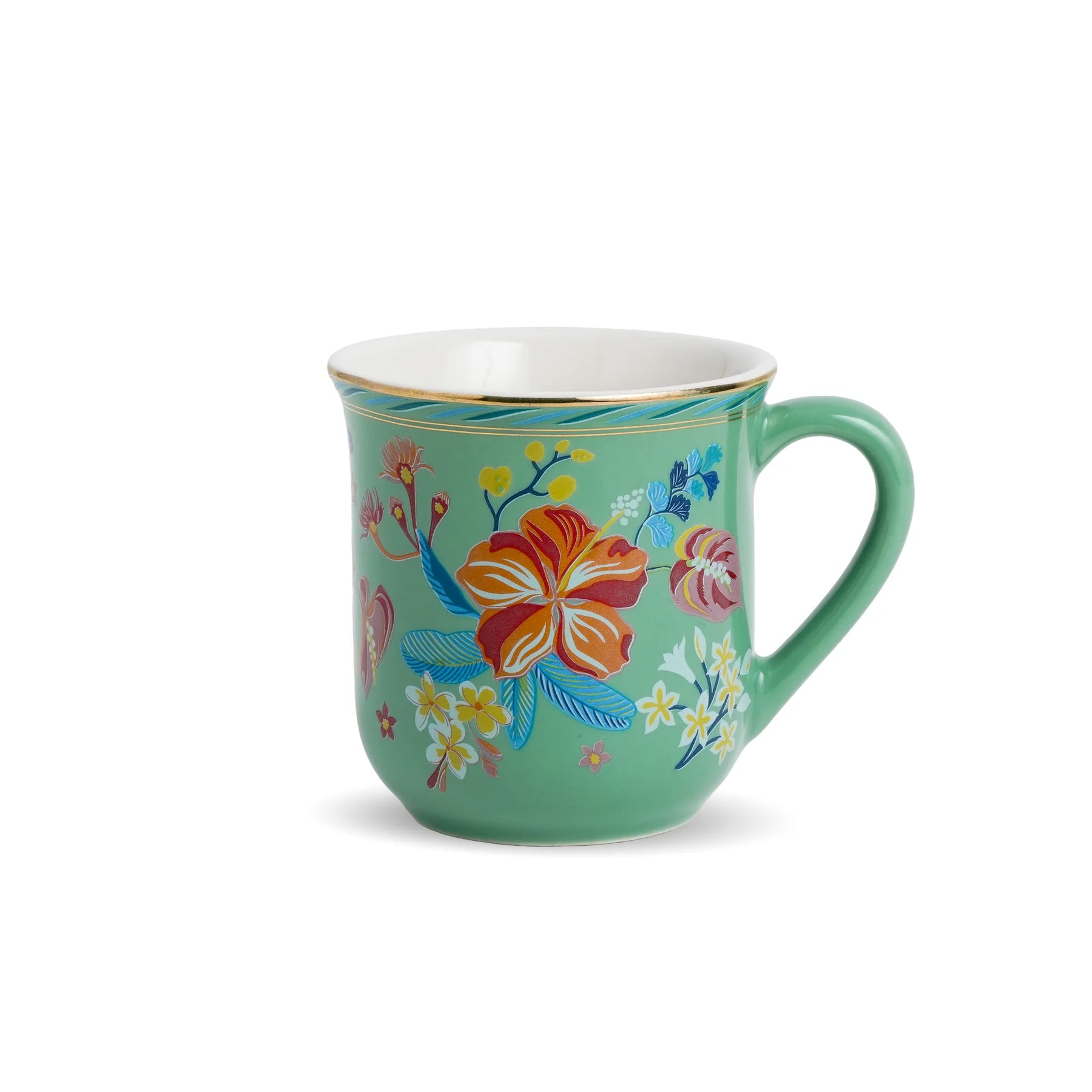 Green mug with floral design on a white background