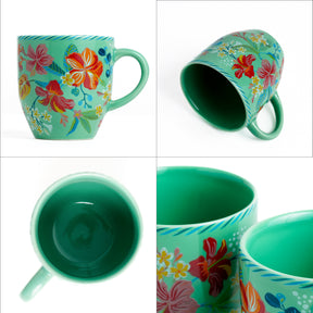 Ceramic Coffee Mugs Set of 6  Big Bold Floral Mint, 300ml
