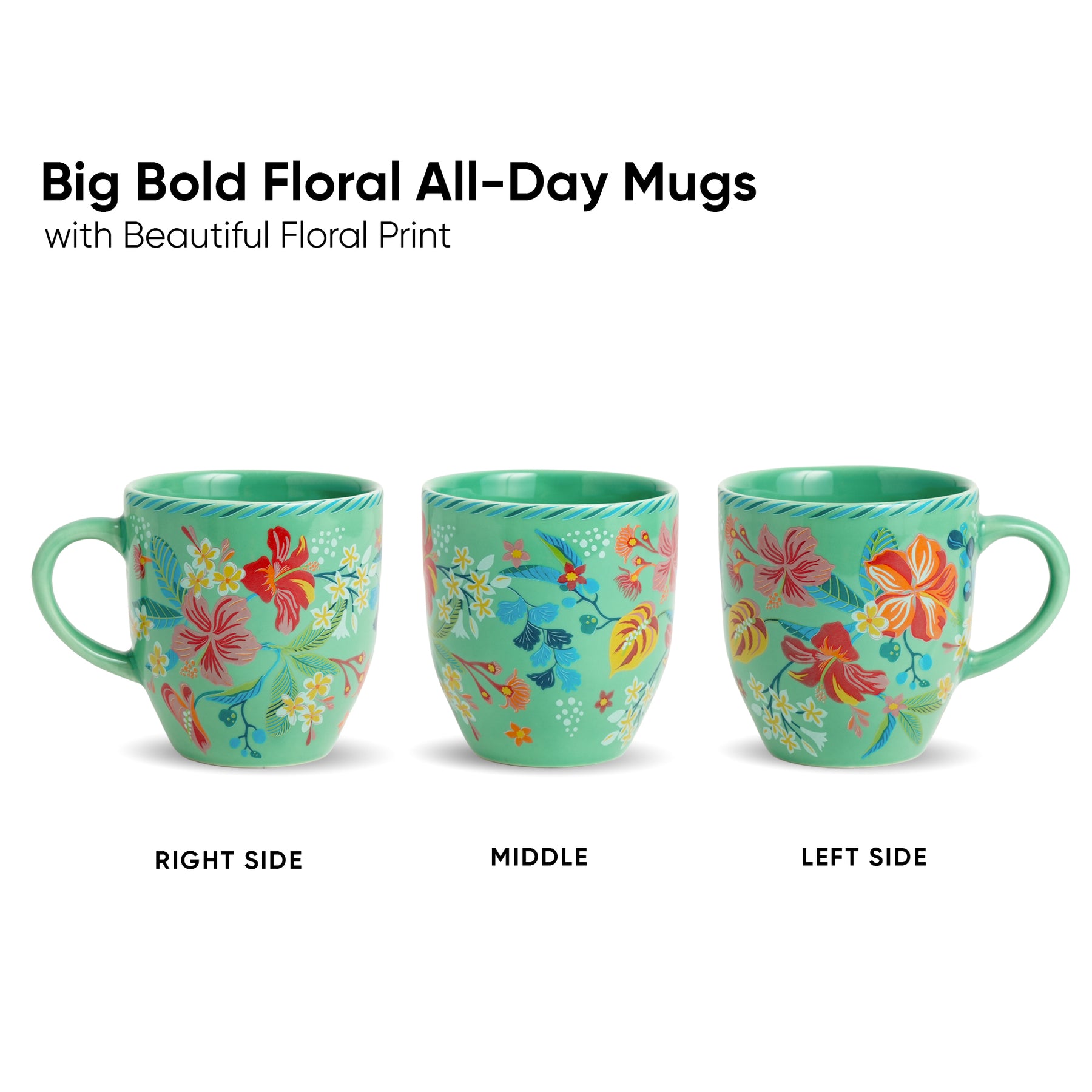 Ceramic Coffee Mugs Set of 6  Big Bold Floral Mint, 300ml