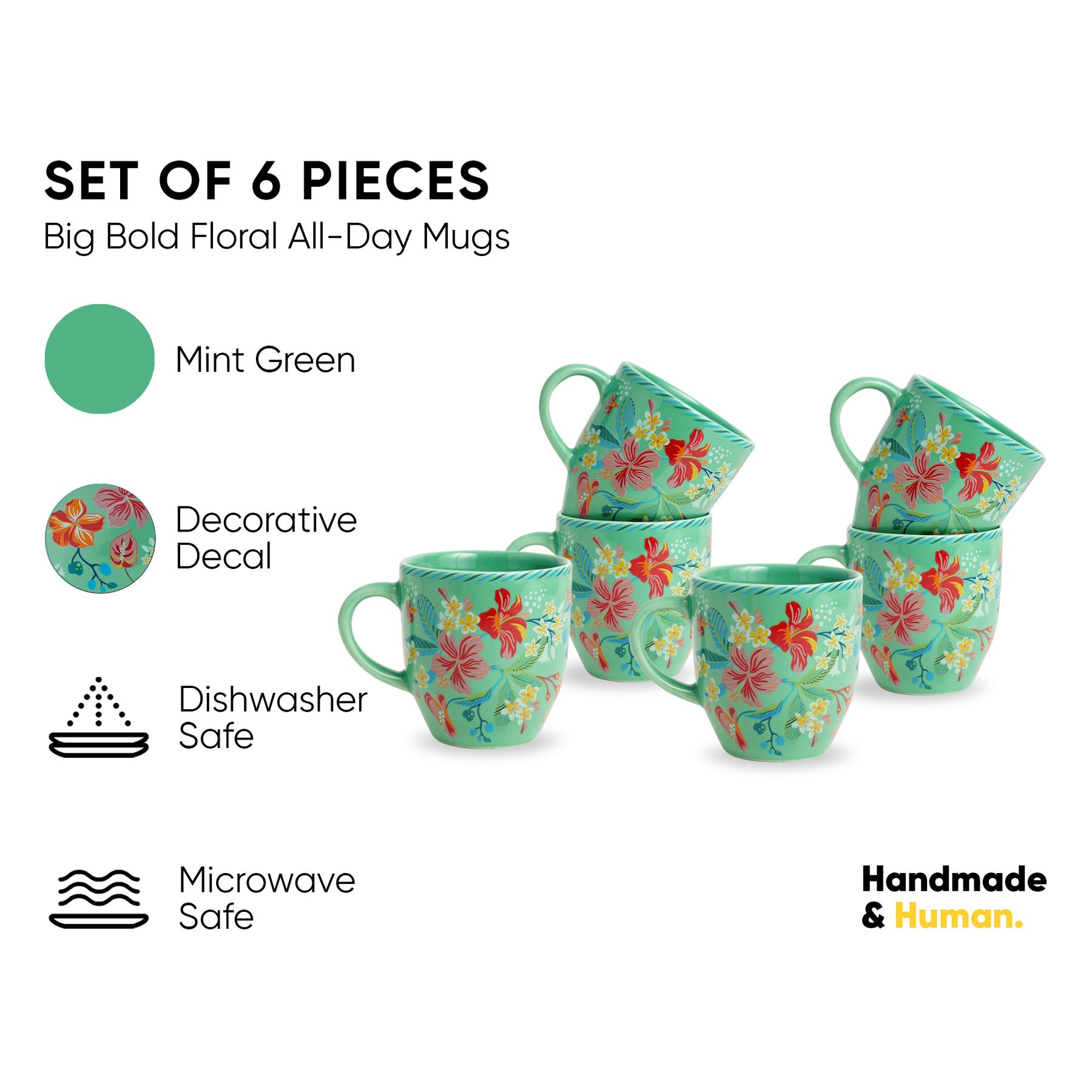 Ceramic Coffee Mugs Set of 6  Big Bold Floral Mint, 300ml
