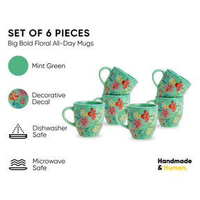 Ceramic Coffee Mugs Set of 6  Big Bold Floral Mint, 300ml