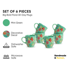 Set of 6 floral mugs with decorative decal on a white background