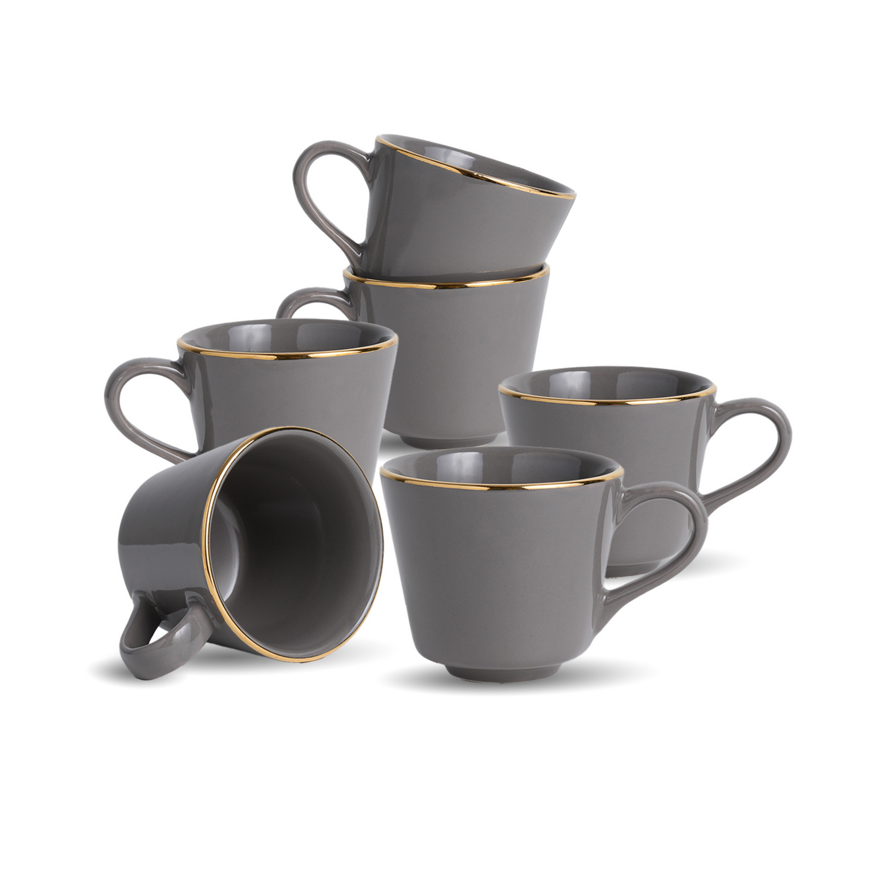 Ceramic Tea Cup Set of 6, 180 ml, Real Gold Line Gray