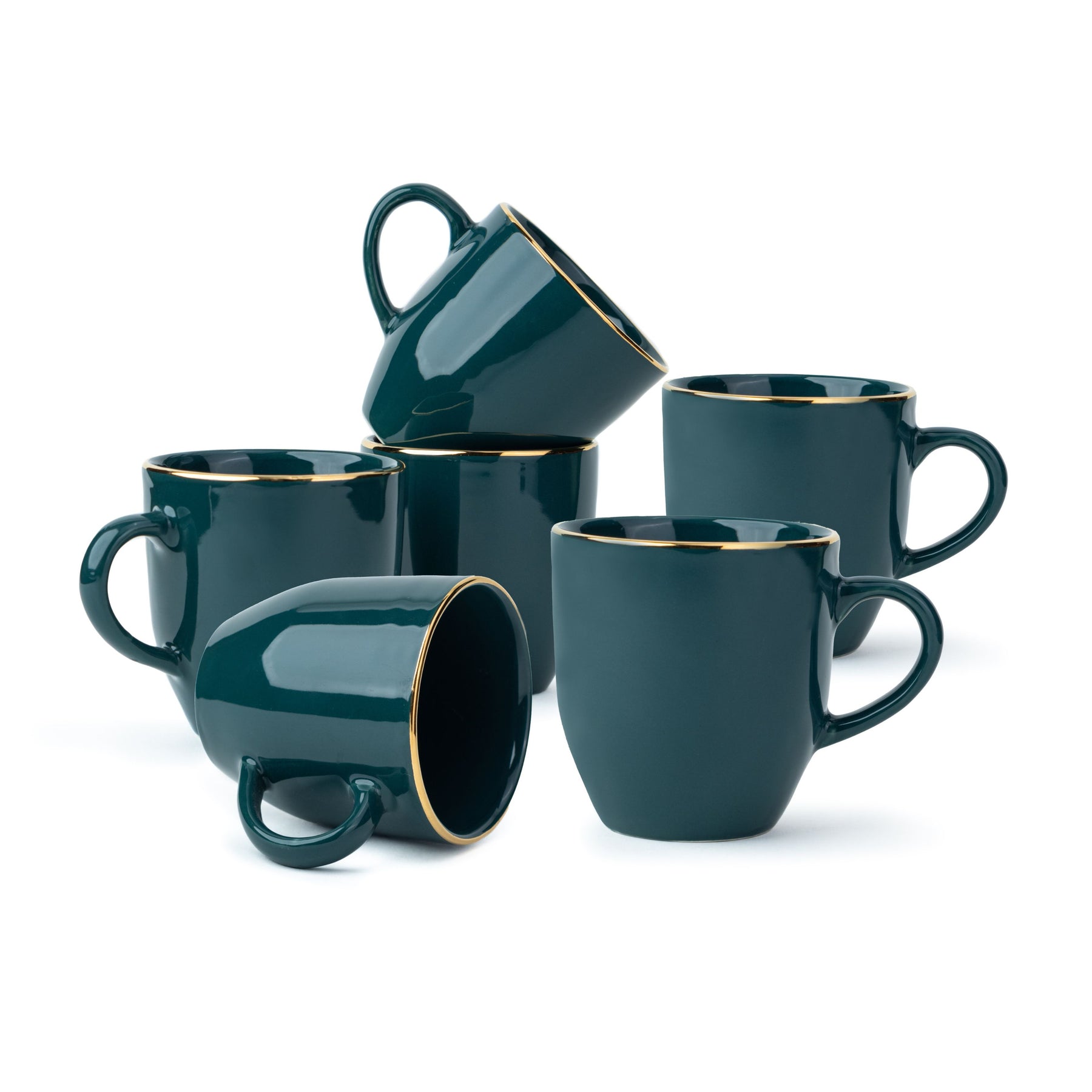 Ceramic Coffee Mug Set – Gold Line Milk Mug Collection | Glossy Finish Teal Green Set of 6