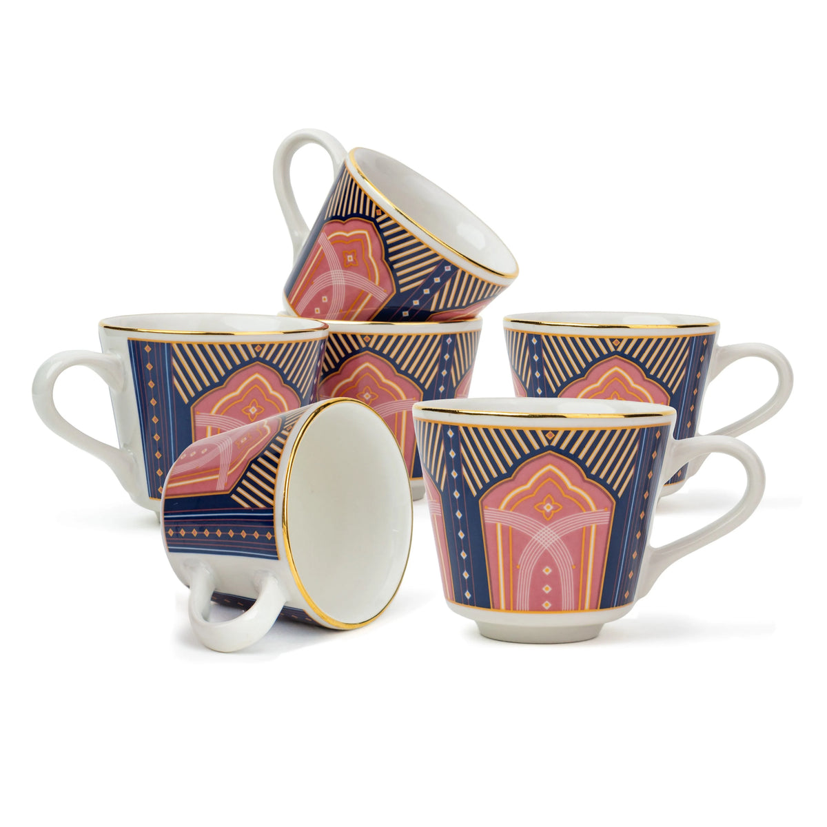 Set of five decorative mugs with geometric patterns on a white background