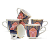 Set of five decorative mugs with geometric patterns on a white background