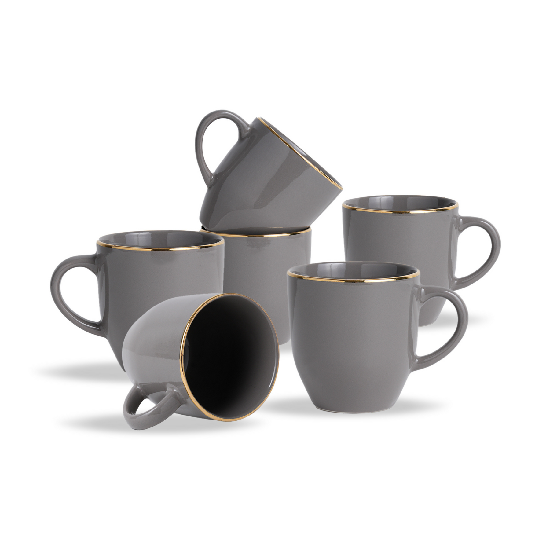 Ceramic Coffee Mug Set – Gold Line Milk Mug Collection | Glossy Finish Gray Set of 6