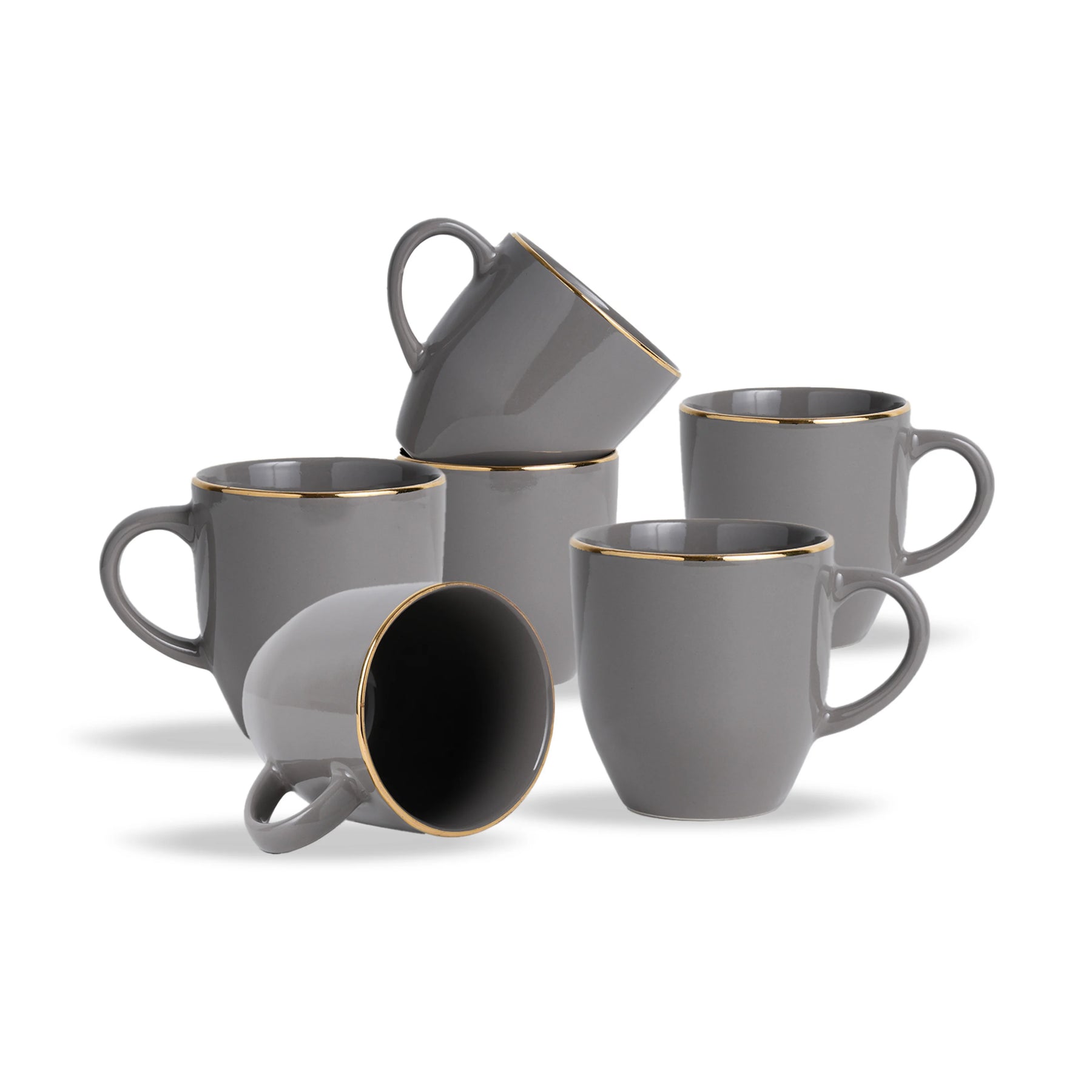 Set of gray mugs with gold rims on a white background
