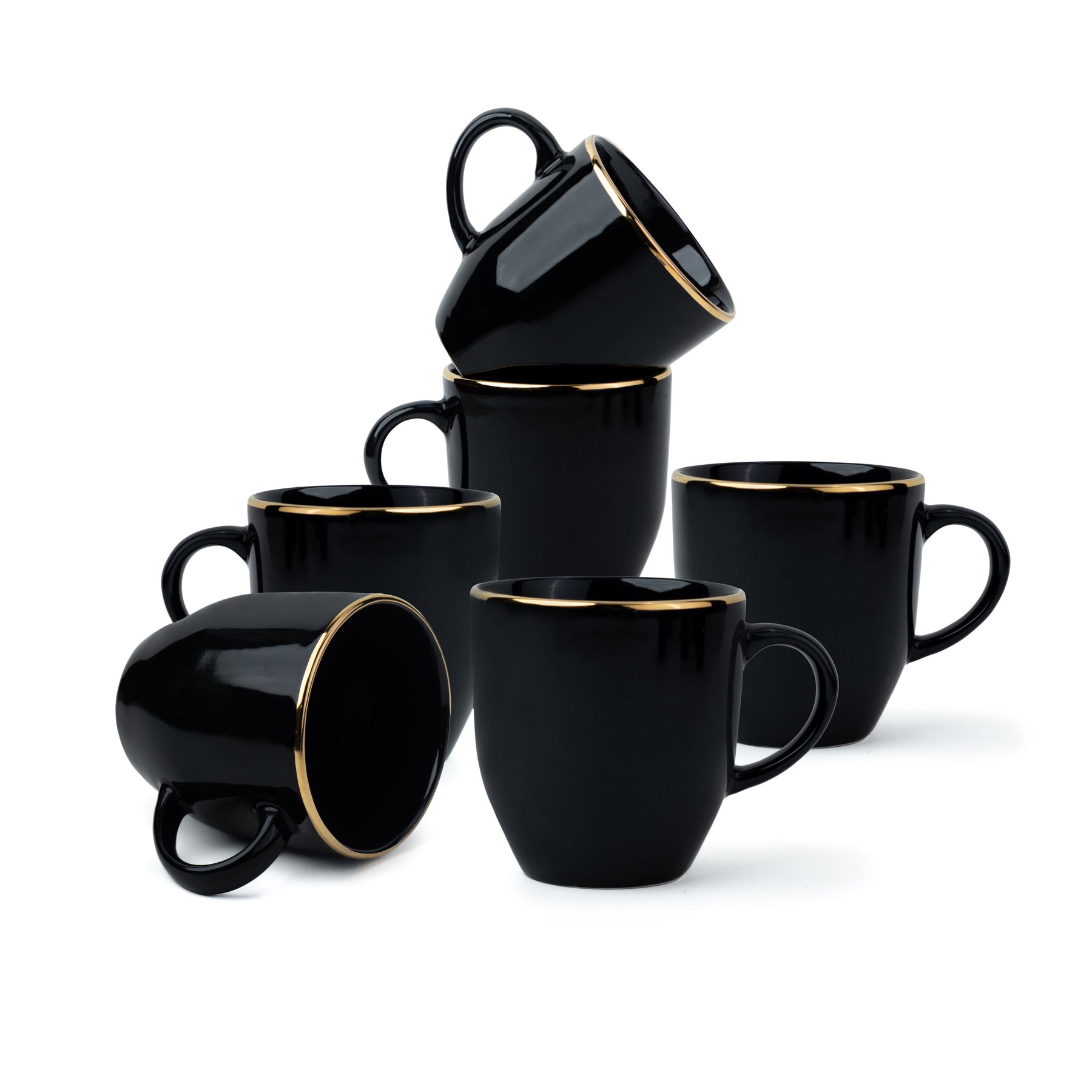 Ceramic Coffee Mug Set – Gold Line Milk Mug Collection | Glossy Finish Black Set of 6