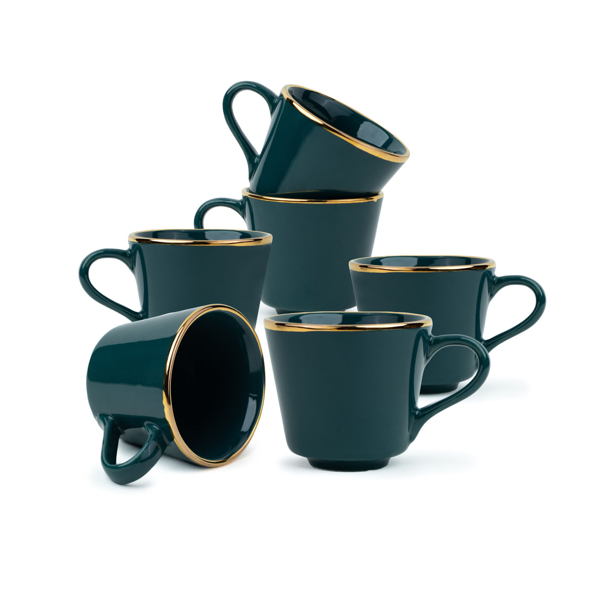 Shay Ceramic Tea Cup Set of 6, 180 ml, Real Gold Line | Modern Tableware Online India
