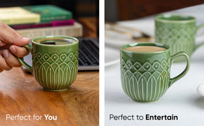 Shay Ceramic Coffee Mug Set, Set of 6, 330ml, Green Carving | Carving Collection | Glossy Finish