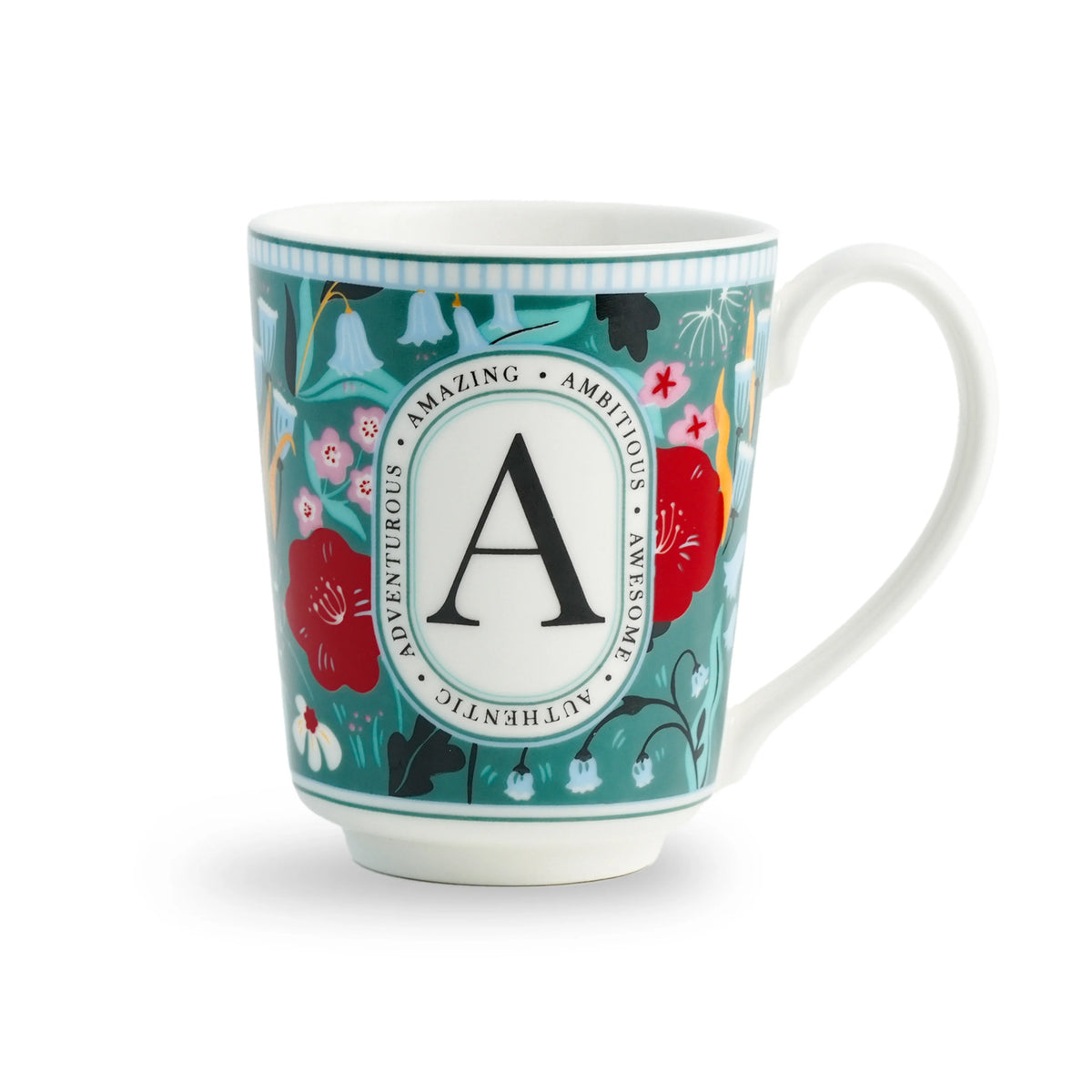 Decorative mug with floral design and letter 'A' on a white background