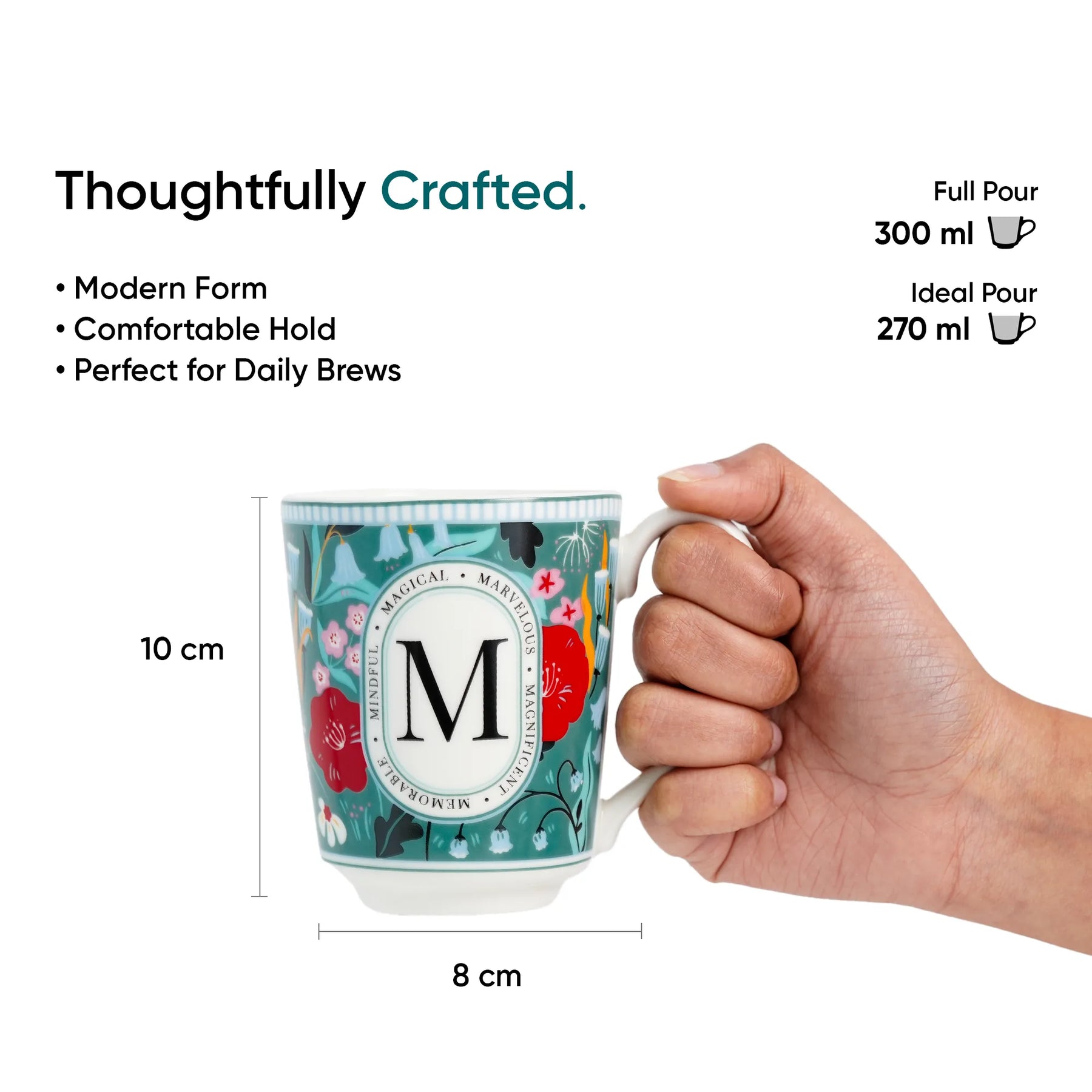 Mug with floral design and measurements, held by a hand, on a white background.