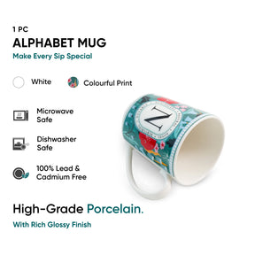 Alphabet mug with colorful print on a white background