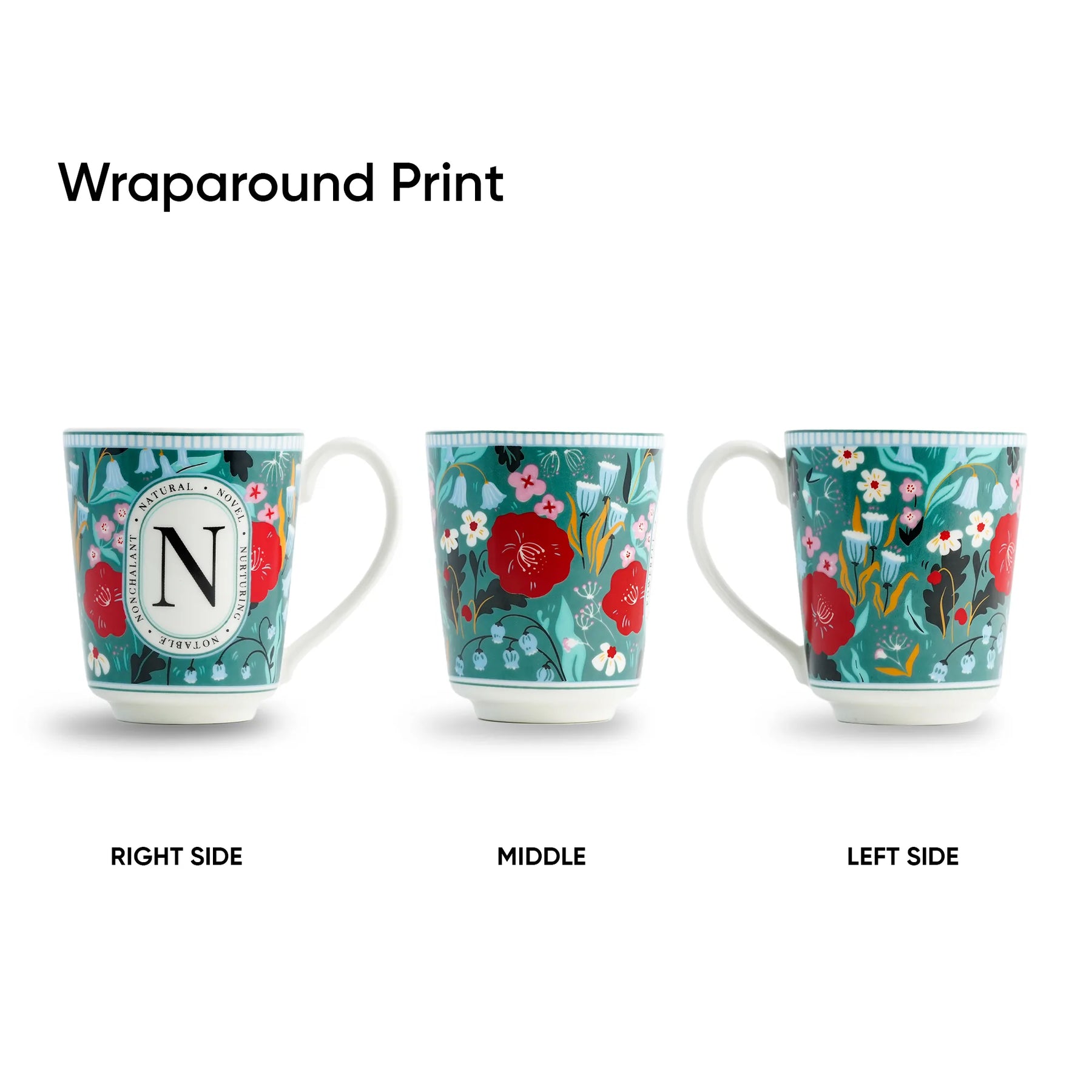 Three mugs with floral wraparound prints on a white background