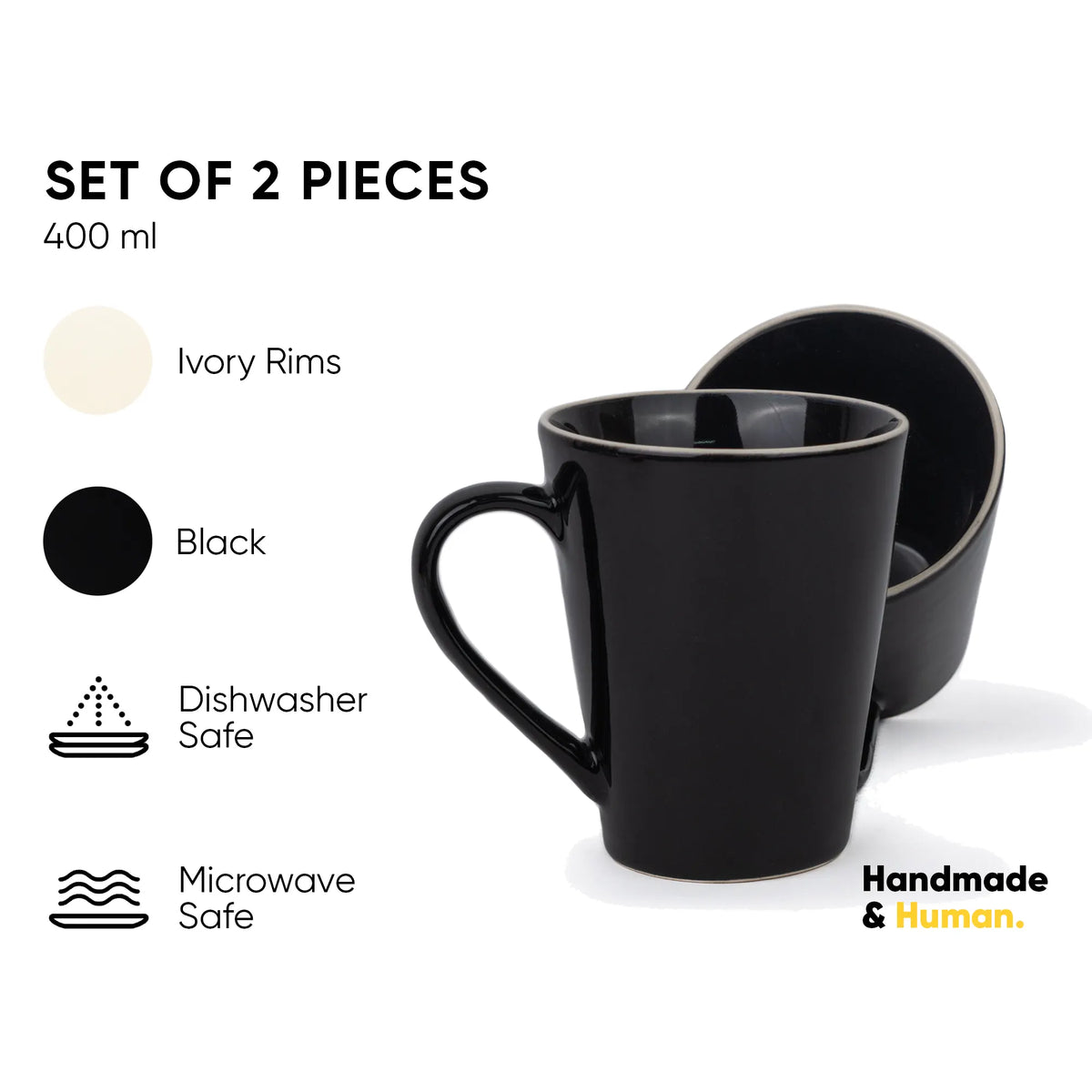 Black mug and bowl set with product details on a white background