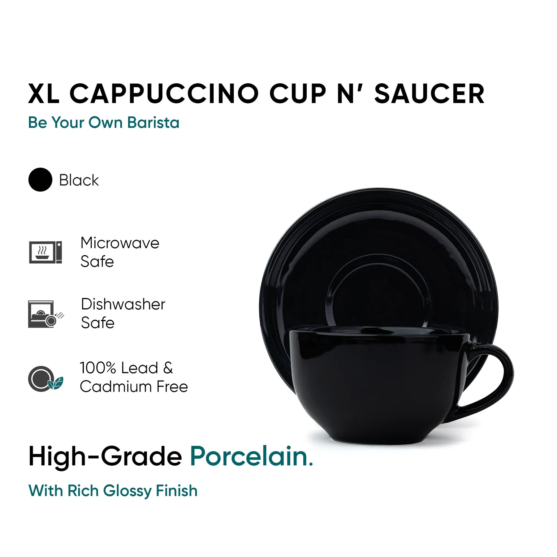 Black XL Cappuccino cup and saucer set with product features on a white background