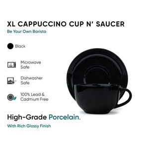 Black XL Cappuccino cup and saucer set with product features on a white background