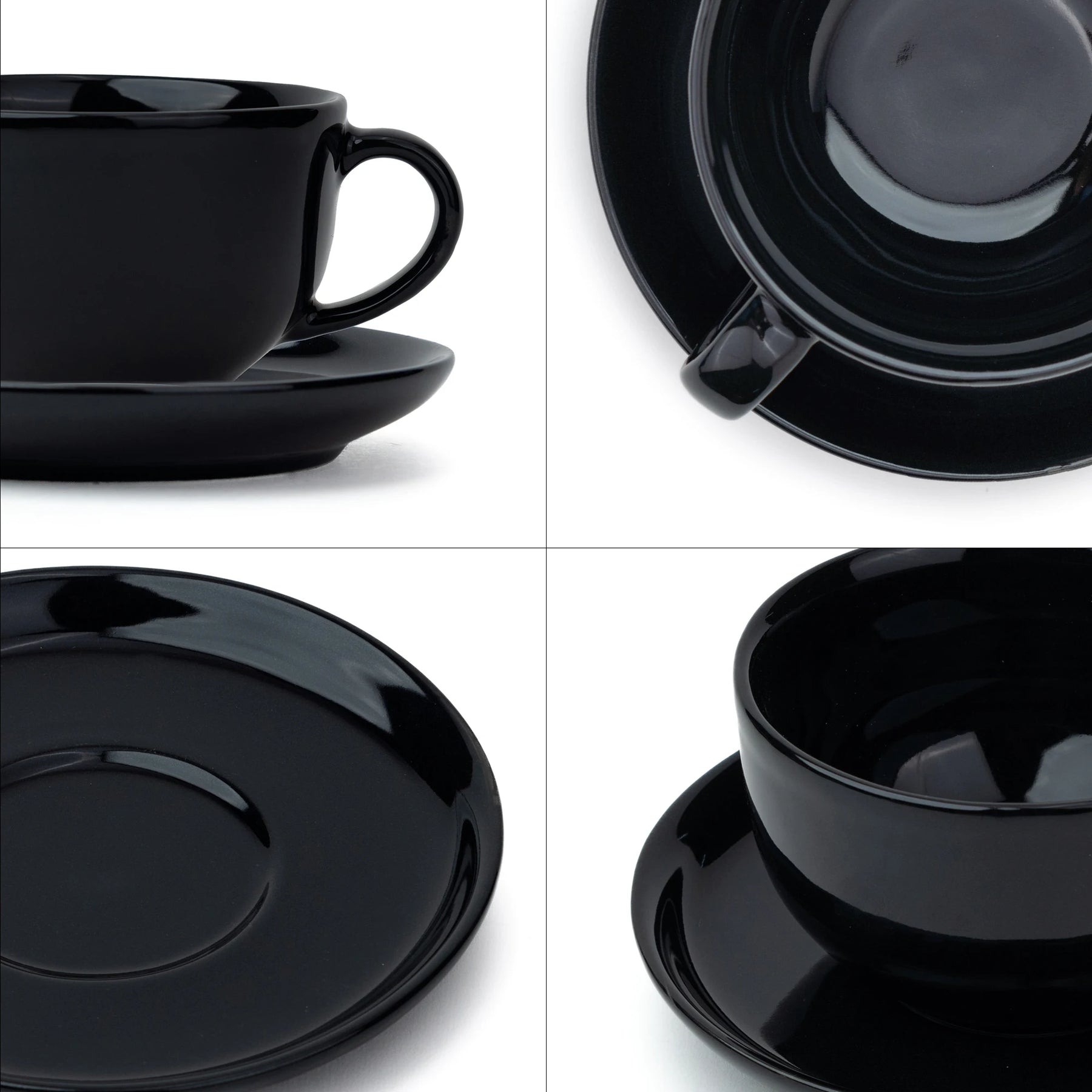 Black ceramic cup, saucer, and bowl set on a white background