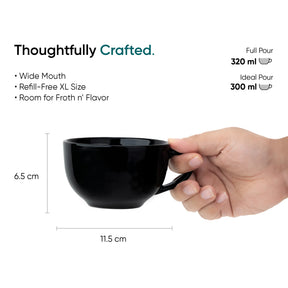 Black mug held by a hand with measurements and text on a white background