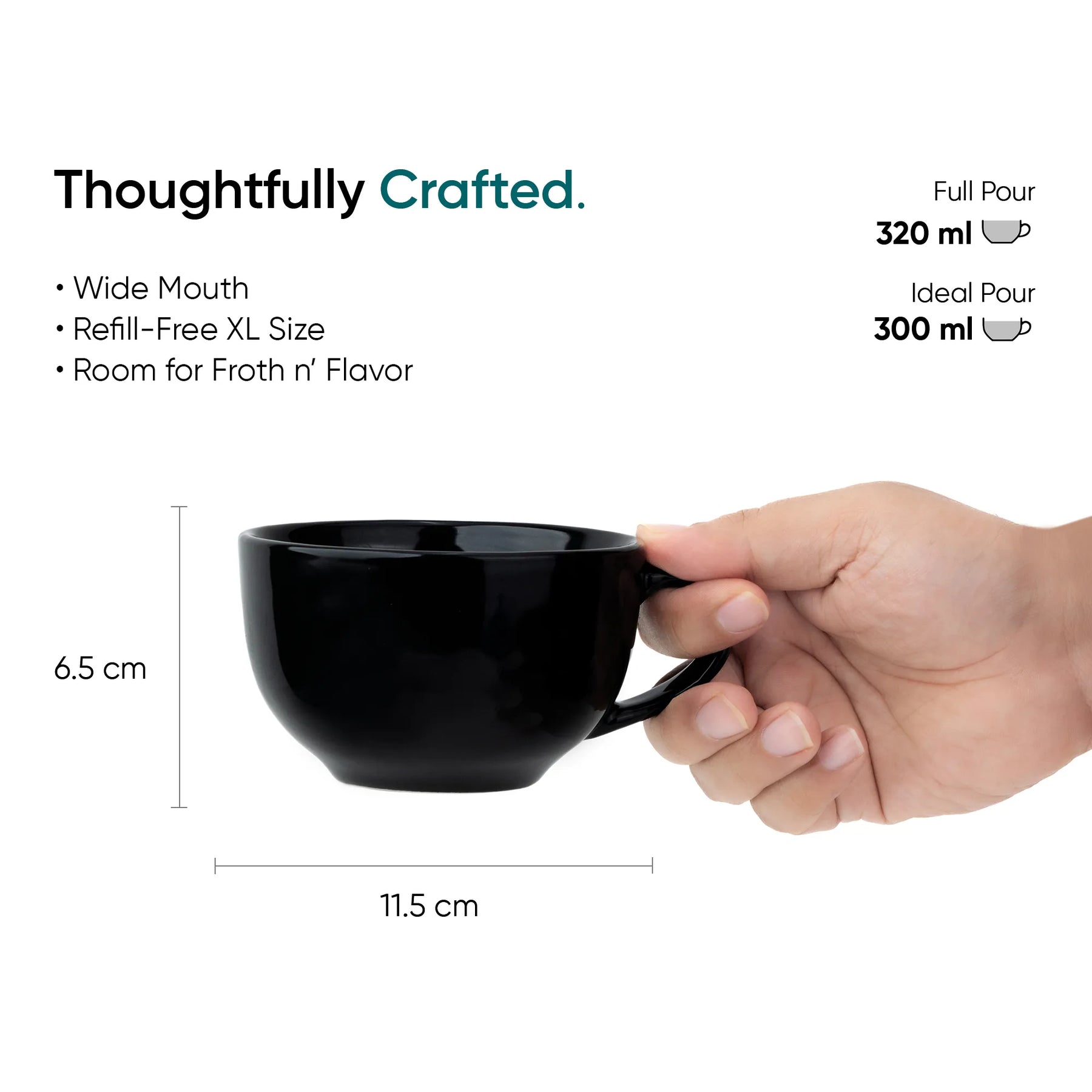 Black mug held by a hand with measurements and text on a white background