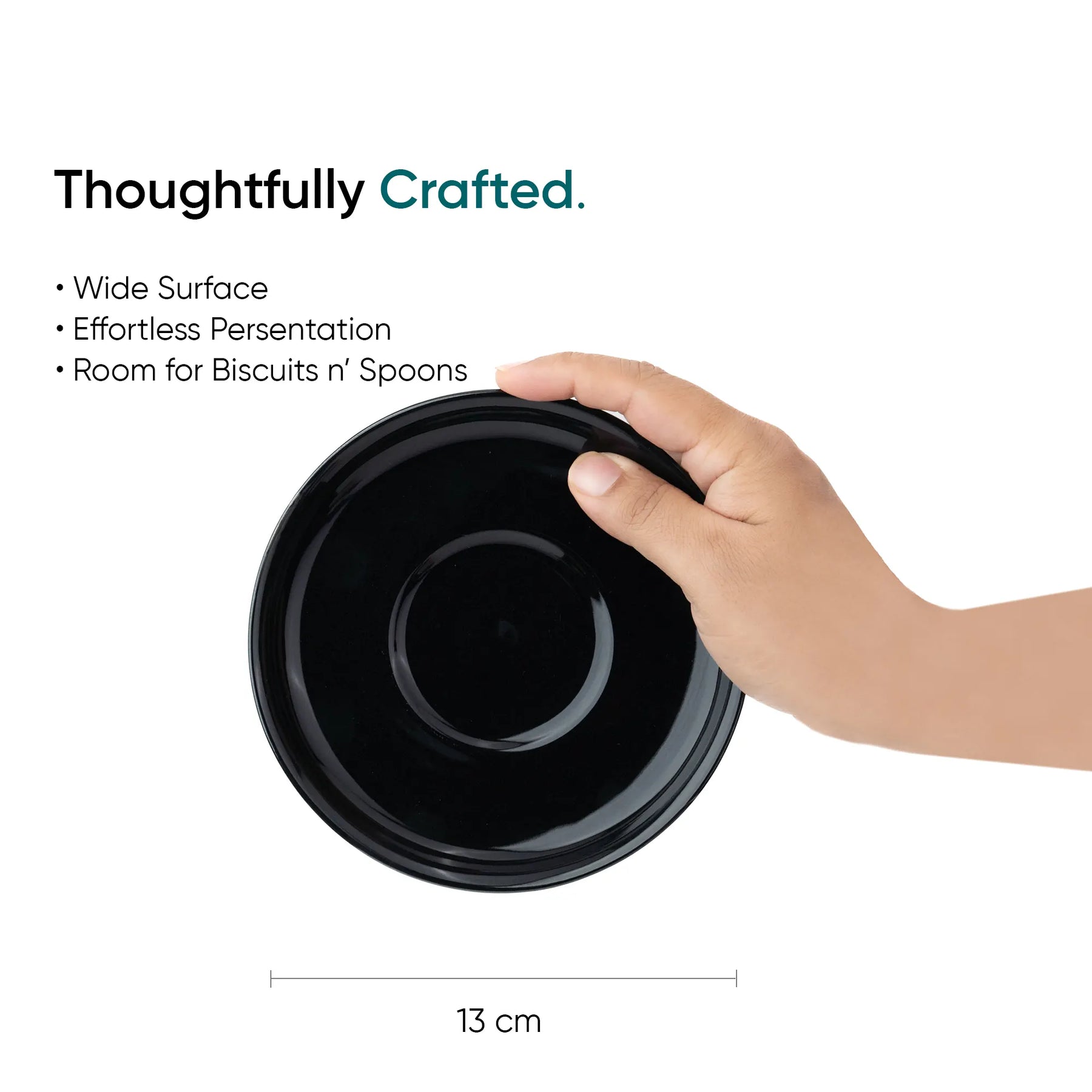 Black bowl held by a hand with text highlighting features on a white background