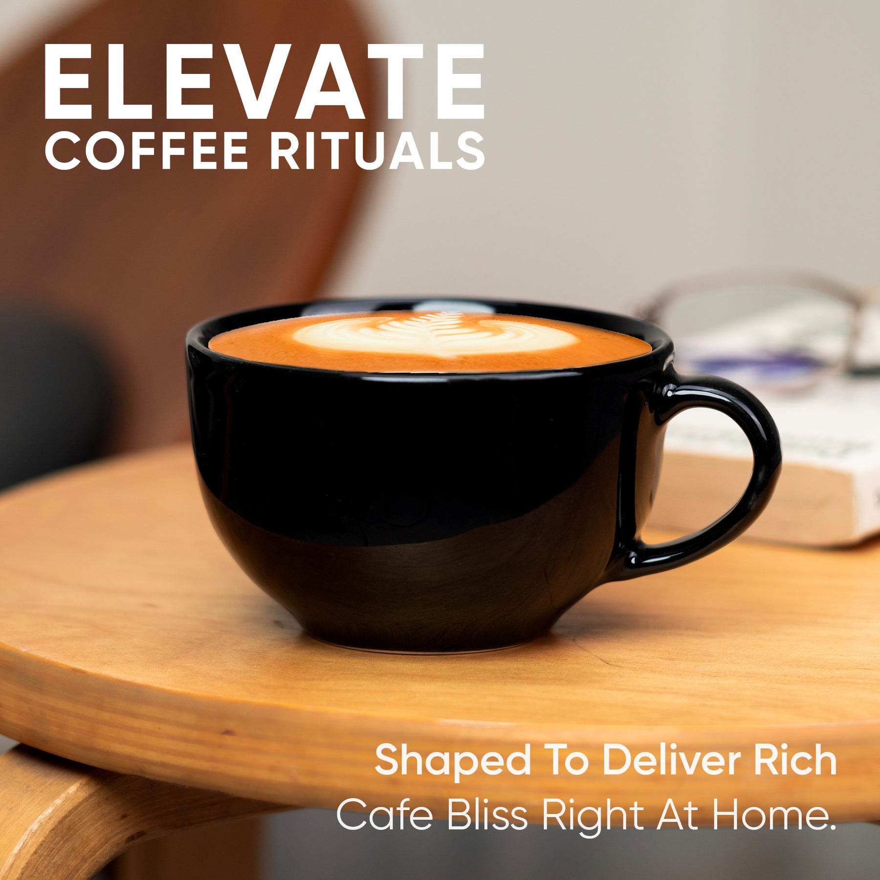 Large Black Ceramic Coffee Cup Set 320ml | XL Cuppa Collection | Glossy Finish