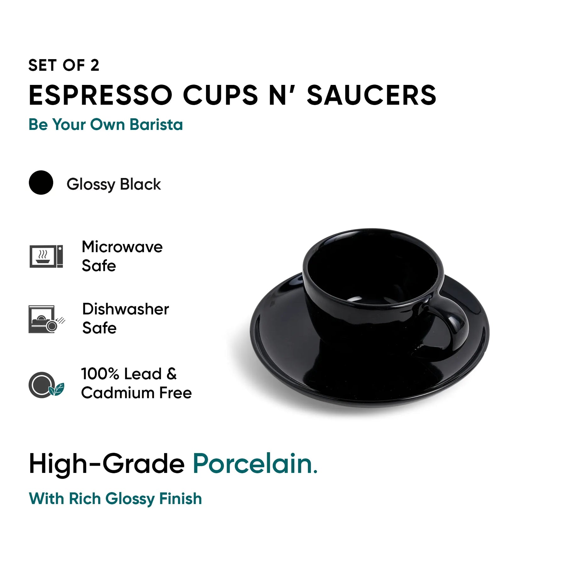 Set of 2 espresso cups and saucers with glossy black finish on a white background