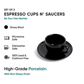 Set of 2 espresso cups and saucers with glossy black finish on a white background