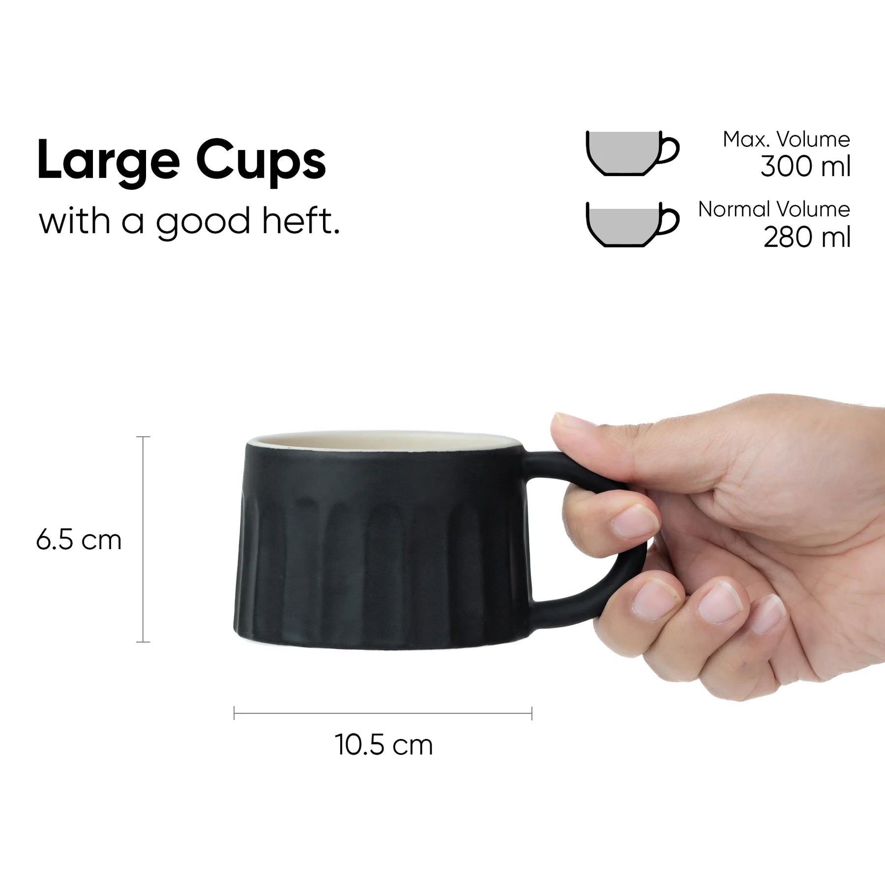 Black mug held by a hand with measurements and volume details on a white background