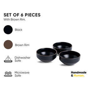Ceramic Veg Bowls Set of 6 for Dinner | 180ml | Black | Japandi Collection