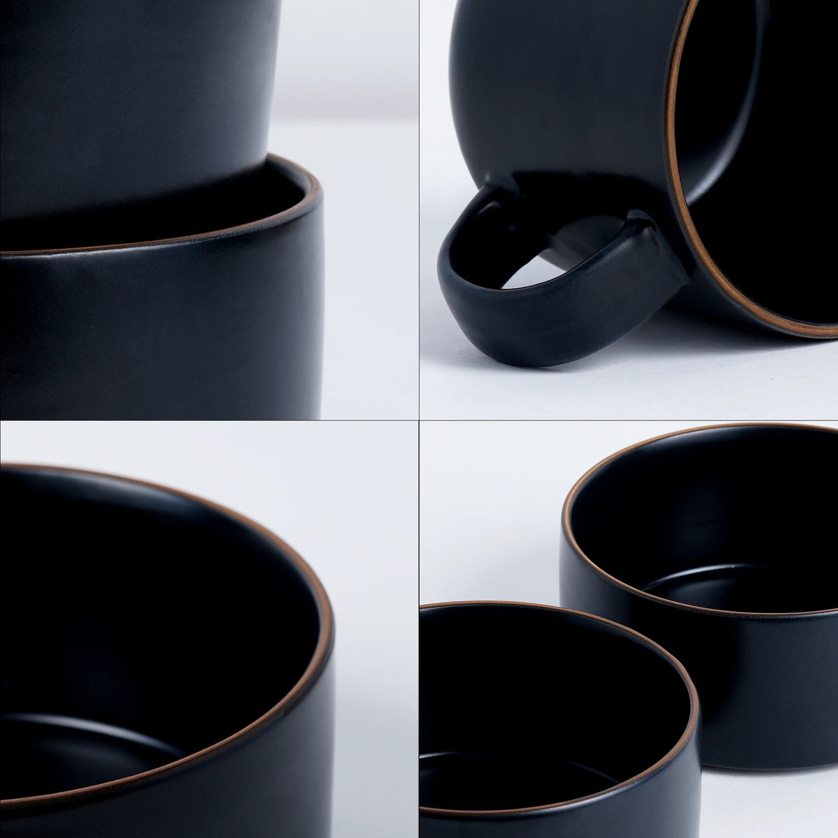 Collage of black ceramic mugs on a light gray background