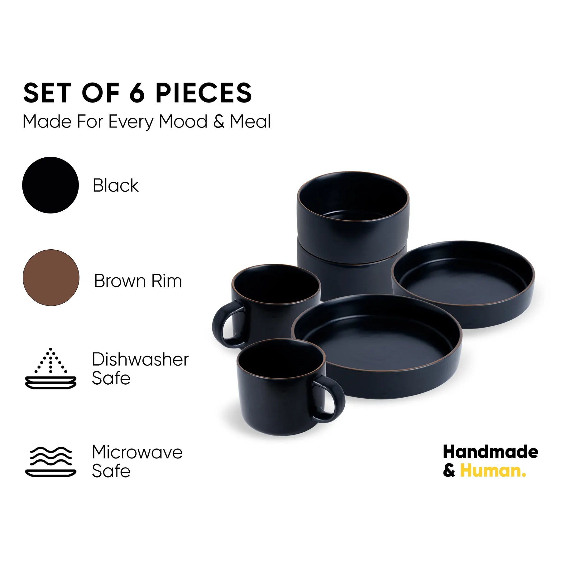 Set of black dinnerware pieces with brown rims on a white background, featuring text about material properties and brand.