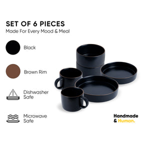 Ceramic Modern Dinnerware Set, 6 Pcs, Black | Japandi Breakfast Set
