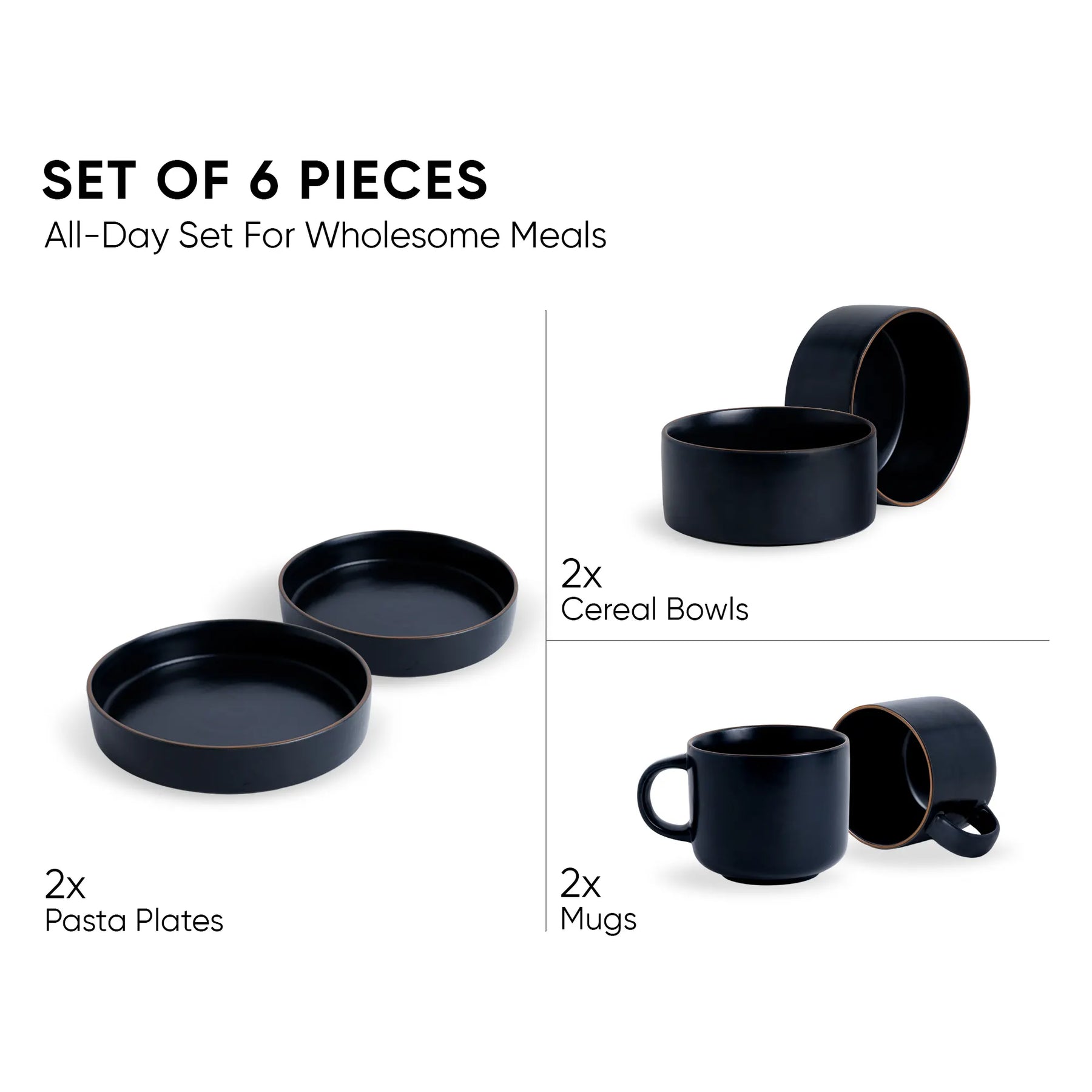 Set of 6 black ceramic dishes including pasta plates, cereal bowls, and mugs on a white background.