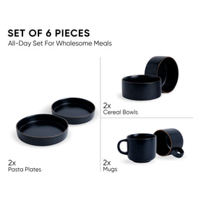 Ceramic Modern Dinnerware Set, 6 Pcs, Black | Japandi Breakfast Set
