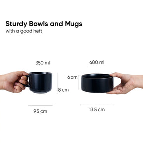 Black bowls and mugs held by hands with measurements on a white background