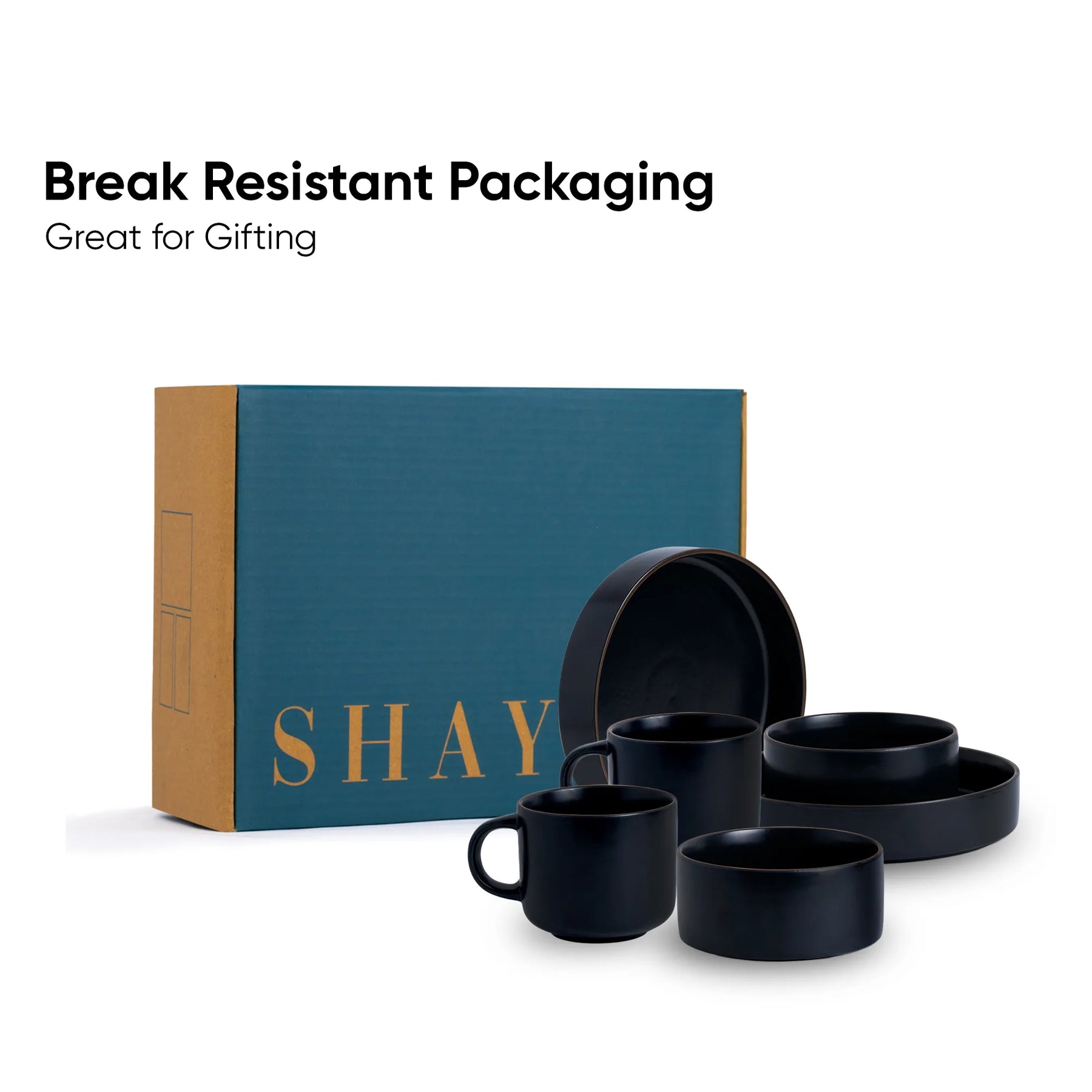 Set of black ceramic items with 'SHAY' branded box on a white background