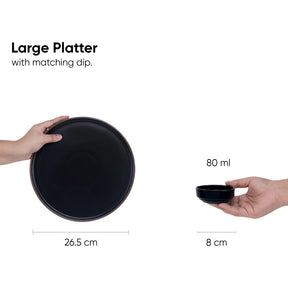 Japandi Ceramic Platter with Dip Bowl – Black, Large