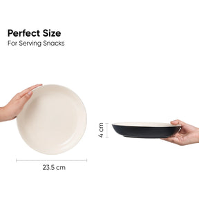 Two bowls held by hands with measurements indicating the perfect size for serving snacks.